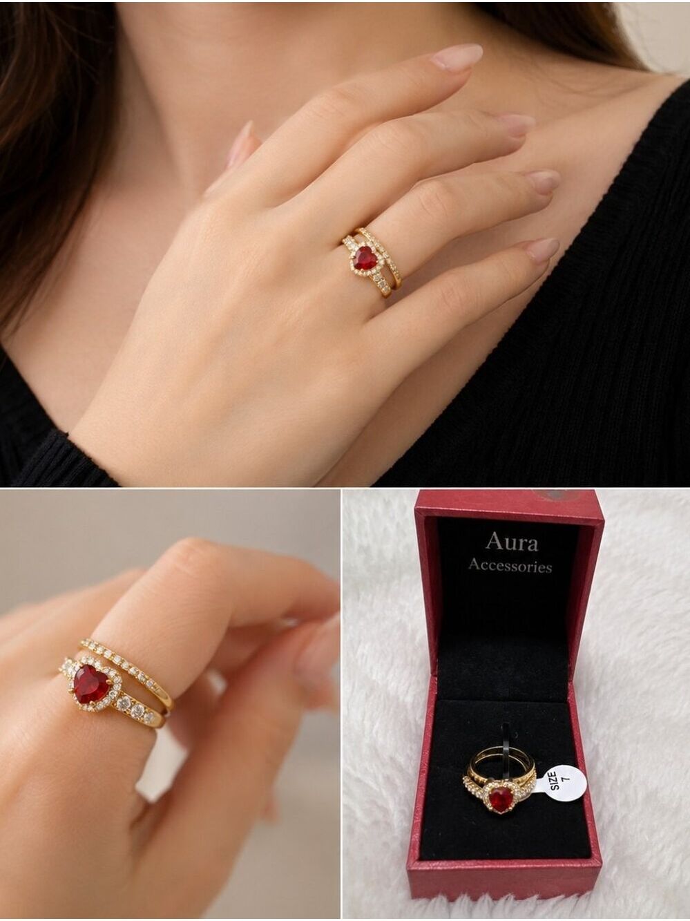 NWT Aura Accessories Red Heart Gold Ring Set Size 7 Bridal Romantic